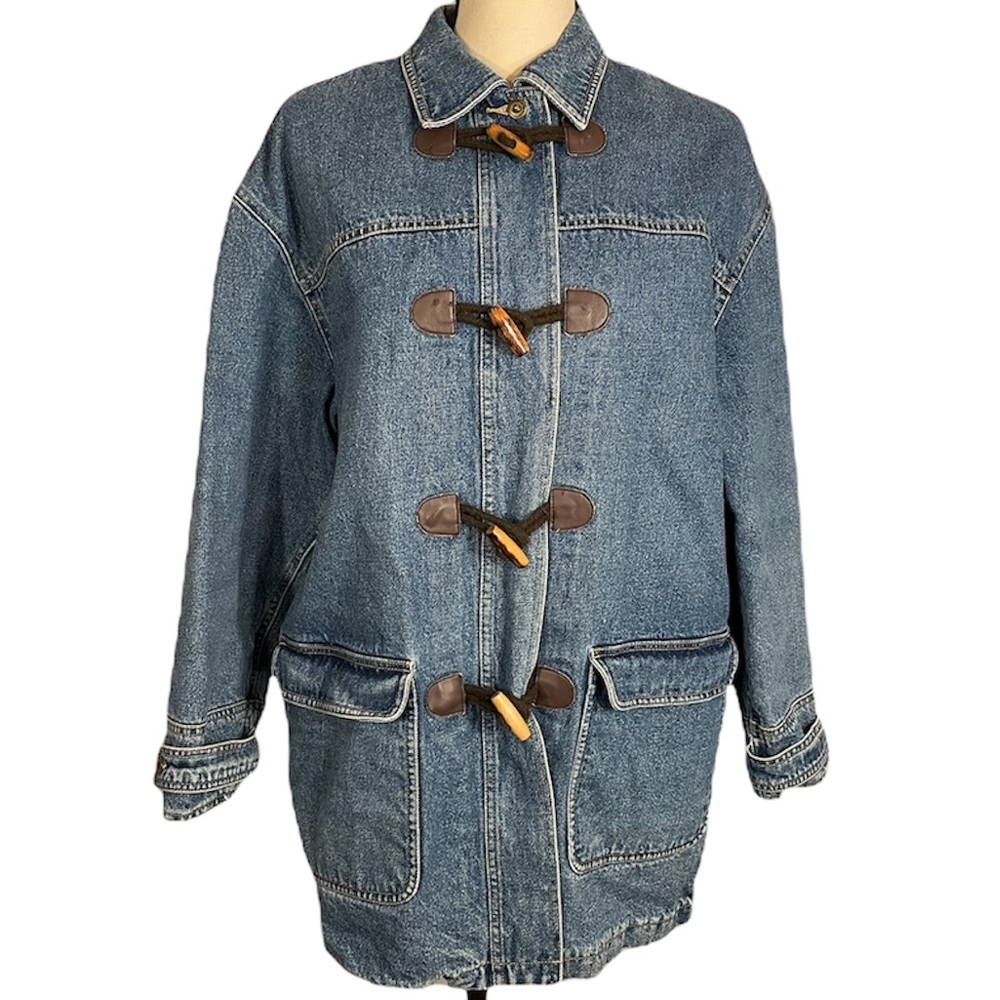Vintage Liz Claiborne Toggle Heavy Plaid Lined 100% Cotton Jean Jacket Coat Sz M - Picture 1 of 16